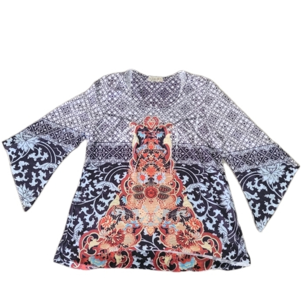 One World Women's Size Small Top Tunic Boho Blouse Hippie Artsy Art Abstract Y2K